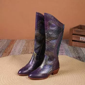 Johnature Цветные толстые каблуки с заклепками, длинные сапоги из натуральной кожи с боковой молнией, женские сапоги в стиле ретро с цветочным принтом 36 чёрный