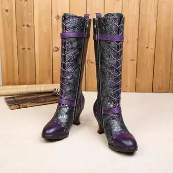 Johnature Цветочные высокие сапоги Женская обувь Натуральная кожа Сапоги ручной работы на высоком каблуке с тиснением в стиле ретро