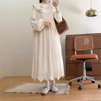 Johnature Dress Japanese Forest Winter Versatile Embroidered Jacquard Casual Women Dresses One Size бежевый