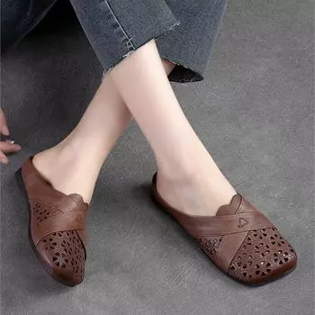 Johnature, дышащая обувь на полой подошве в стиле ретро, шлепанцы из натуральной кожи на мягкой подошве, женские удобные уличные тапочки на плоской подошве с квадратным носком