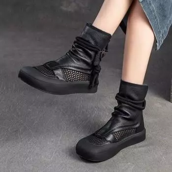 Johnature/дышащие летние ботинки в стиле ретро, римские сандалии из натуральной кожи с молнией сзади, женская обувь на толстой подошве 35 чёрный