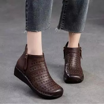 Johnature, дышащие полые ботинки из натуральной кожи, универсальная удобная женская обувь на танкетке в стиле ретро в стиле ретро 35 темно-коричневого