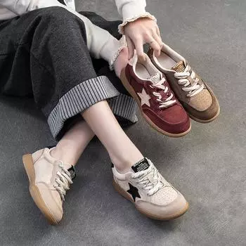 Johnature Дышащие повседневные кроссовки Универсальные шнурованные мягкие подошвы из натуральной кожи Женские туфли на плоской подошве 35 бежевый