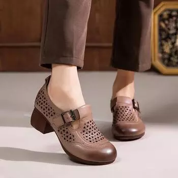 Johnature дышащие сандалии из натуральной кожи с круглым носком, туфли-лодочки на мягкой подошве с толстым каблуком, женская обувь 35 бежевый