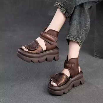 Johnature дышащие сандалии на толстой подошве из натуральной кожи, удобная универсальная женская обувь на платформе 35 бежевый