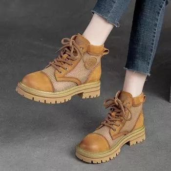 Johnature дышащие сандалии с открытыми отверстиями, летние ботинки в стиле ретро из натуральной кожи, универсальная женская обувь ручной работы на шнуровке 35 бежевый