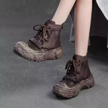 Johnature Дышащие сетчатые ретро-ботинки с вырезами, удобные и универсальные женские туфли на плоской платформе 35 чёрный