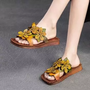 Johnature дышащие тапочки на мягкой подошве из натуральной кожи на плоской подошве, универсальная женская обувь в этническом стиле с цветочным узором 35 коричневый