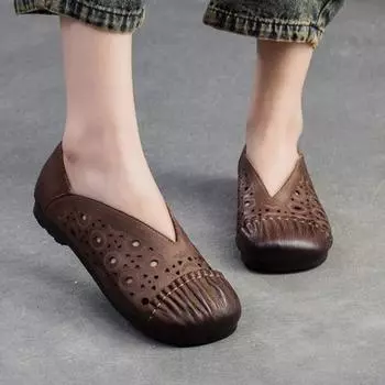 Johnature/Дышащие туфли на плоской подошве из натуральной кожи в стиле ретро, повседневная женская обувь без шнуровки с круглым носком 35 бежевый