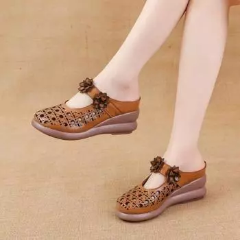 Johnature дышащие женские тапочки в этническом стиле с цветочным узором, обувь на танкетке из натуральной кожи, уличные шлепанцы 35