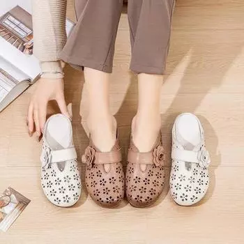 Johnature дышащие женские тапочки в этническом стиле с цветочным узором, обувь из натуральной кожи, уличные шлепанцы 35 бежевый