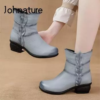 Johnature Ethnic Style Genuine Leather Low Heel Short Boots Cotton Plush Warm Comfortable Women s Shoes