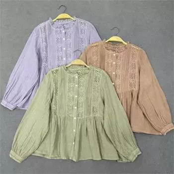 Johnature Fall Round Neck Top Shirts Casual Loose Vintage Ruffled Long Sleeve Lace Shirts One Size света кофе