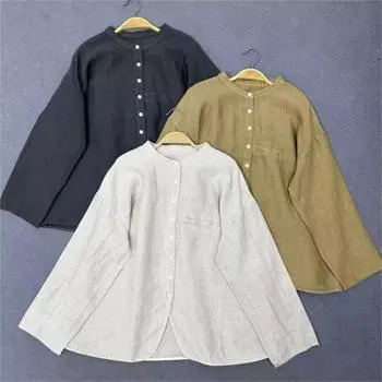 Johnature Fall Women Shirt Casual Irregular Vintage O-neck Loose All Match Solid Color Top One Size хаки