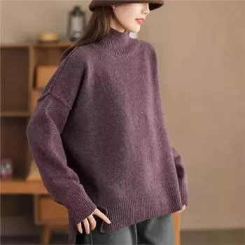 Johnature Fashioin Свободный свитер с высоким воротом в стиле ретро с длинными рукавами для женщин, зимний свитер Niche Personality Solid Color One Size темный кофе