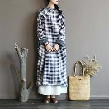 Johnature Fashion Casual Loose Cotton Dresses Women Solid Color Dress One Size
