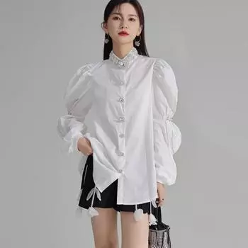 Johnature Модные плиссированные рубашки с бисером и пышными рукавами для тяжелой промышленности, женские весенние свободные повседневные шикарные топы One Size чёрный