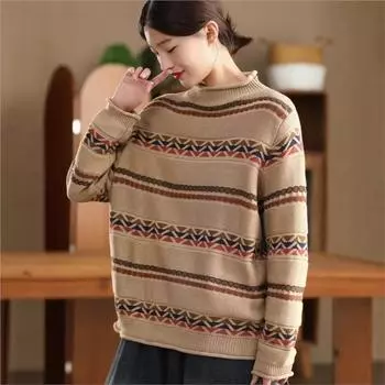 Johnature Fashion Jacquard Mock Neck Personality Sweater Woman Winter Long Sleeves Chinese Style Vintage Retro Sweater One Size