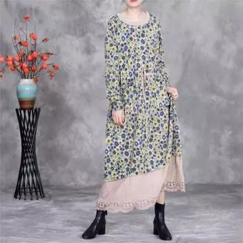 Johnature Fashion Print Splicing Длинные рукава Платье Женское Зимнее Цветочное Платье One Size легкие хаки