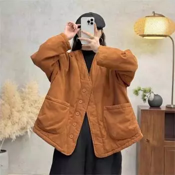 Johnature Fashion Solid Color Casual V-Neck Loose Single Breasted Woman Winter Long Sleeves Coats One Size