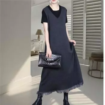 Johnature Fashion Tassel без рукавов Slim V-образный вырез трикотажное платье женское осеннее нишевое однотонное нестандартное платье индивидуальности One Size