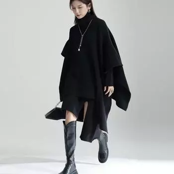 Johnature Fashion Womens Two Pieces Sets Winter Casual Turtleneck Irregular Knitted Slits Knee-length Sets One Size чёрный