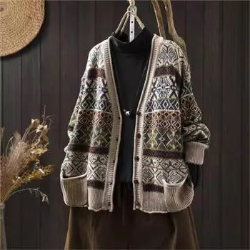 Johnature Fashion Жаккардовый V-образный вырез Свободный однобортный женский зимнее контрастное полосатое длинное рукава пальто One Size