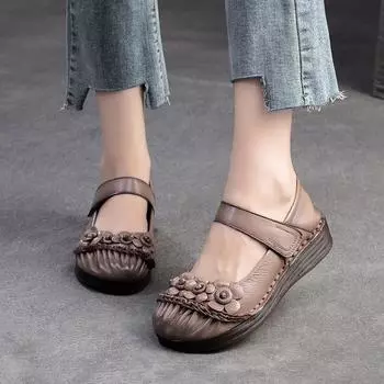 Johnature Flower Удобные сандалии на мягкой подошве Универсальная женская обувь на плоской подошве из натуральной кожи в стиле ретро 36 бежевый