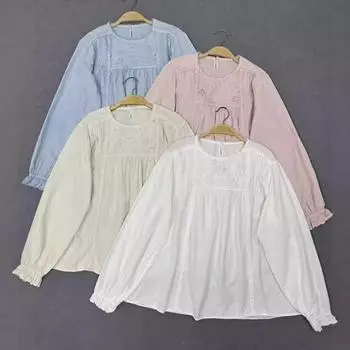 Johnature Forest кружева однотонные рубашки осень вышитые тонкие женские повседневные простые свободные базовые топы One Size слоновая кость