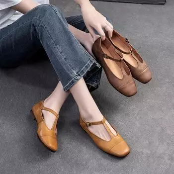 Johnature, французские туфли на плоской подошве с квадратным носком в стиле ретро, удобная универсальная женская обувь из натуральной кожи с Т-образным ремешком 36 кофейный