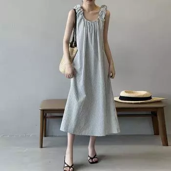 Johnature французское платье без рукавов в полоску с v-образным вырезом, летние свободные удобные домашние повседневные женские платья с жилетом