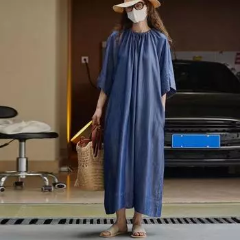 Французские ретро-ленивые платья Johnature, летние, свободные, тонкие, джинсовые, синие, повседневные, простые, бандажные, модные, женские платья One Size синий