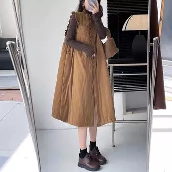 Johnature Fungus Trimmed Pinstrip Dresses Autumn Winter Loose Versatile Layered Women Dresses One Size света кофе