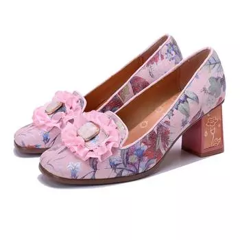 Johnature Genuine Leather Flower Pumps Retro Countryside Style Printed Thick Heel Comfortable High Heels 36 розовый