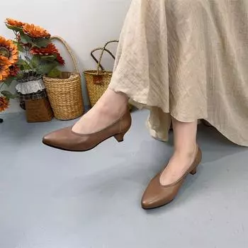 Johnature Туфли на каблуке из натуральной кожи Туфли-лодочки с острым носком и небольшой высотой Универсальная женская обувь без застежек 35 чёрный