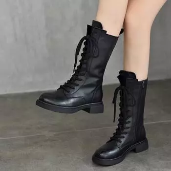 Johnature Сапоги из натуральной кожи до середины голени, плюшевые хлопковые сапоги, женские сапоги со шнуровкой в британском стиле 35 коричневый