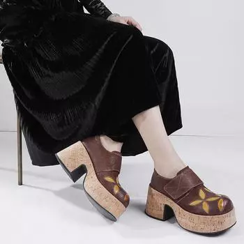 Johnature Туфли-лодочки из натуральной кожи на толстой подошве, женские туфли с круглым носком, модные туфли на высоком каблуке и платформе 36 серый