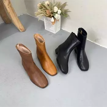 Johnature Натуральная кожа Ретро Сапоги до середины голени с толстым каблуком и квадратным носком Универсальная женская обувь 35 чёрный