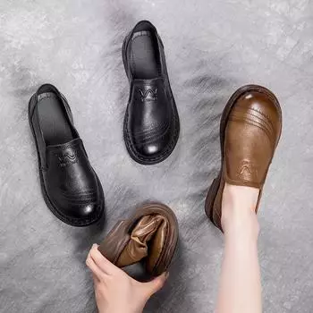 Johnature Натуральная кожа Мягкая подошва Лоферы Ретро Нескользящие Круглый носок Женские Туфли Ручной Работы Плоские 35 чёрный