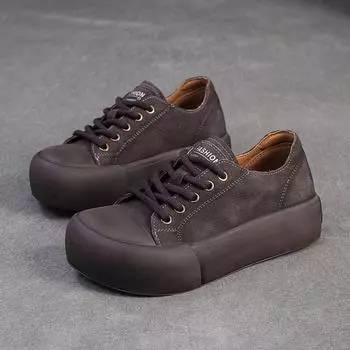 Johnature Genuine Leather Thick Sole Women s Shoes Round Toe Lace-up Versatile Casual Flat Platform Shoes 35 серый