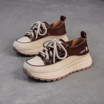 Johnature Genuine Leather Thick Soled Casual Women s Shoes Round Toe Comfortable Lace-up Flat Platform Shoes 35 кофейный