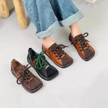 Johnature Натуральная кожа Толстая подошва Шнуровка Плоские Туфли Ретро Квадратный Носок Универсальные Женские Туфли 35 чёрный