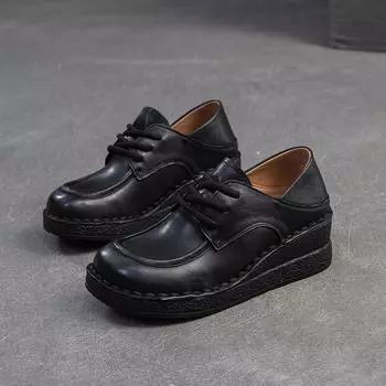 Johnature Genuine Leather Wedges Pumps Casual Lace-up Soft Cowhide Soft Soled Women s Shoes 35