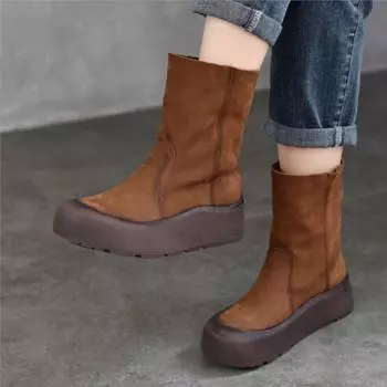 Johnature Genuine Leather Women s Mid-calf Boots Retro Round Toe Thick Soled Slip-on Short Boots 35 коричневый