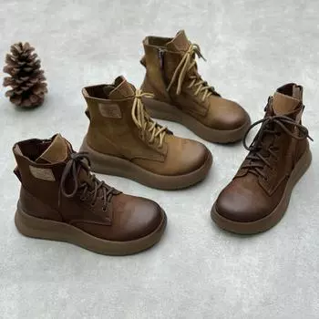 Johnature Handmade из натуральной кожи с толстой подошвой, короткие ботинки в стиле ретро с круглым носком, шнуровкой сбоку, молнией, женская обувь из коровьей кожи 35 хаки