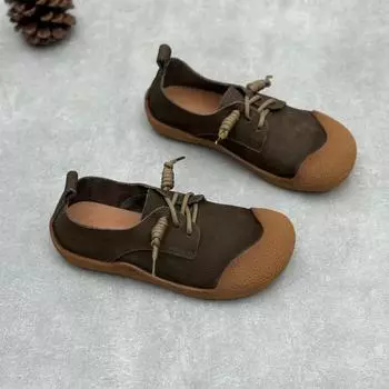 Johnature Handmade Loafers Натуральная кожа Мягкая подошва Туфли на плоской подошве Шнуровка Повседневная универсальная женская обувь из коровьей кожи 35 коричневый