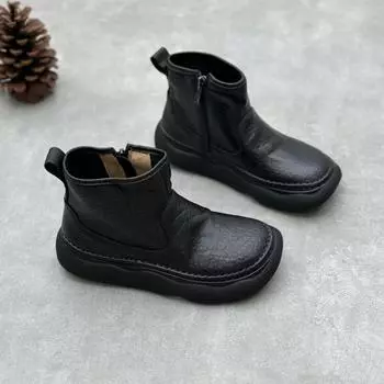 Johnature Handmade Натуральная кожа Короткие ботинки Ретро квадратный носок Боковая молния Мягкая коровья кожа Женская обувь 35 чёрный