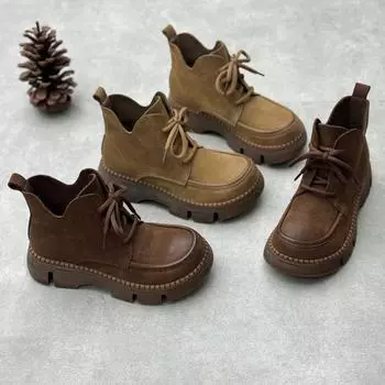 Johnature Handmade Натуральная кожа Короткие ботинки Ретро Толстая подошва Круглый носок Женские туфли на шнуровке 35 хаки