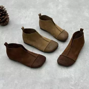 Johnature Handmade Натуральная кожа Плоские Ботильоны Ретро Квадратный Носок Мягкая Подошва Женские Туфли Слипоны 35 хаки