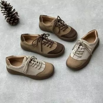 Johnature Handmade Натуральная кожа Повседневные туфли на шнуровке с мягкой подошвой Разноцветные женские туфли на плоской подошве 35 бежевый